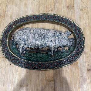Vintage Cast Iron Trivet Hot Plate Pig Hog Sow Heavy Painted Farmhouse Country *